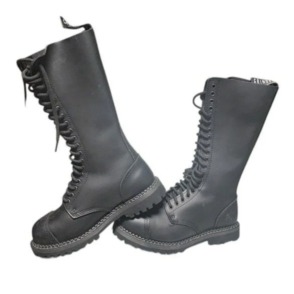 Grinders London England Black 20-Eye Leather Steel Toe Boots Size EU 39 King CS